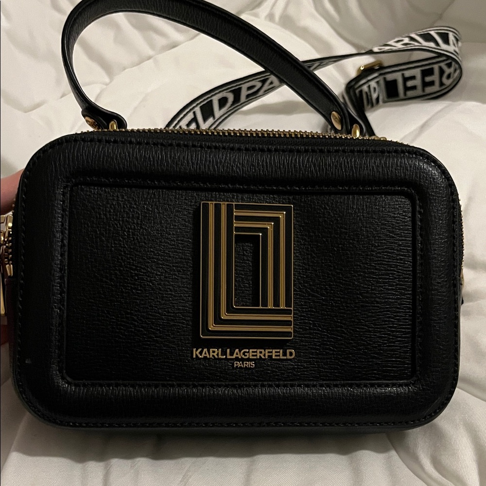 Karl Lagerfeld Black Leather Crossbody Camera Bag with Logo Plaque